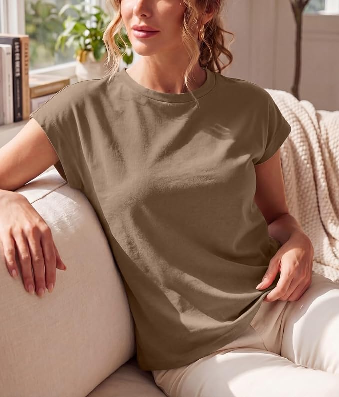 GRECERELLE Womens Summer Tops Cap Sleeve Crew Neck Basic T-Shirt | Everyday Casual Wear, Layering Friendly, Wrinkle-Resistant, Business Casual Ready, Lightweight & Packable, Capsule Wardrobe