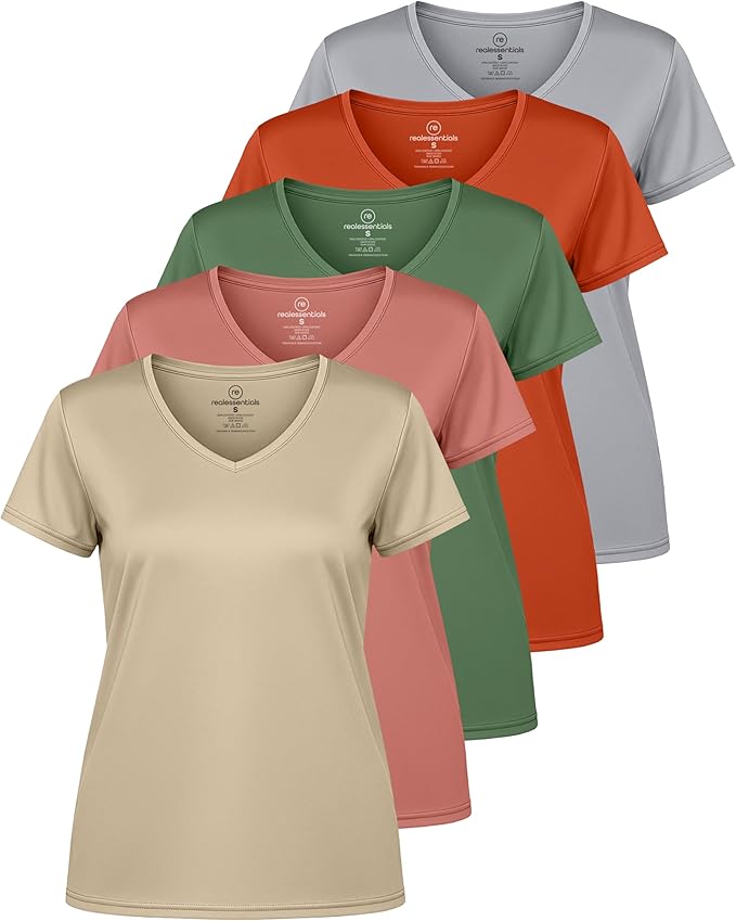 5 Pack Women's Dry Fit V Neck Workout Tops T Shirts Athletic Gym Yoga Tees | Available In Plus Size, Cooling Moisture-Wicking, Short Sleeve, Quick-Dry, Fitness, Stretch, Exercise, Running, Hiking
