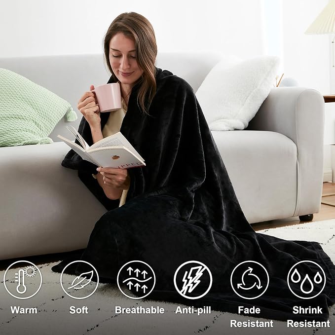 Hansleep Throw Black Fleece Blanket, Soft Flannel Bed Blanket | Fuzzy Cozy Blanket 50x60 Inches, Multi-use for Bed, Sofa, Couch, Travel, Camping, All Season Warm Lightweight Cover