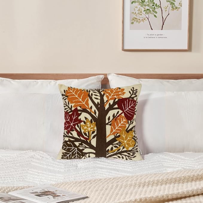 Alysheer Embroidered Fall Decorative Throw Pillow Cover 18"x 18", Boho Farmhouse Cottage Tufted Embroidery Pattern Cotton Canvas Orange Cushion Case for Sofa Couch Bed Living Room Decor(Maple Leaves)