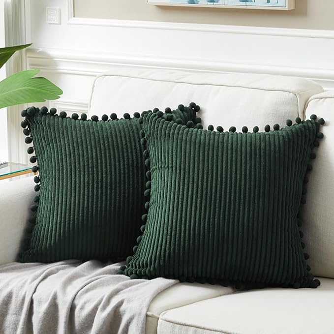 Fancy Homi 2 Pack Dark Green Small Decorative Throw Pillow Covers 14x14 Inch with Pom-poms for Couch Bedroom, Soft Corduroy Solid Rectangle Cushion Case 35x35 cm, Farmhouse Boho Home Decor