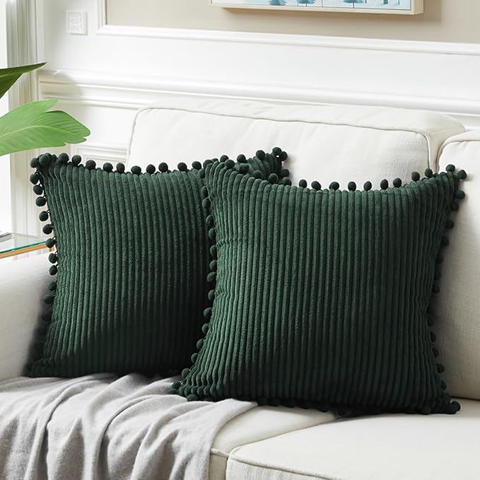Fancy Homi Set of 2 Dark Green Boho Decorative Throw Pillow Covers 20x20 Inch with Pom-poms for Living Room Couch Bed Sofa Bedroom Indoors, Modern Farmhouse Boho Vintage Army Green Home Decor