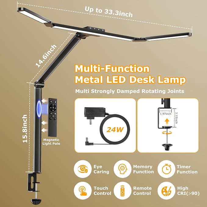 Airlonv LED Desk Lamp with Clamp, Architect Desk Lamp for Home Office with Remote, 24W Ultra-Bright Desk Light with Stepless Dimming and Stepless Color Temp, Memory Function for Study and Workbench