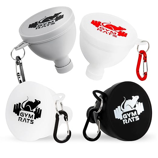 Protein Powder Funnel Set - Travel Protein Powder Container to Go with Carabiner & Reinforced Caps to Stop Spills - Protein & Pre Workout Powder Supplement Funnel for Bottles & Shakers - 4 Pack
