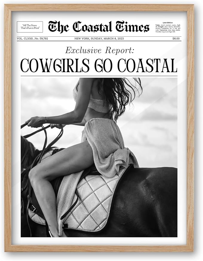 iHery 12x16in Cowgirls Go Coastal Framed Newspaper Wall Art | Natural OAK Wood Frame with Canvas Print, Western Horseback Decor for Bedroom, Dorm, Living Room and Gallery Wall, 1Pack
