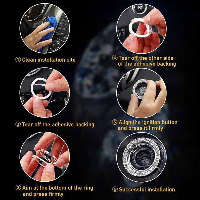 Kewucn 2 PCS Bling Crystal Double Rhinestone Car Engine Start Decoration Ring, Sparkling Push Start Button Sticker, Key Ignition & Knob Ring Decoration, Bling Car Interior Accessory(Pink)