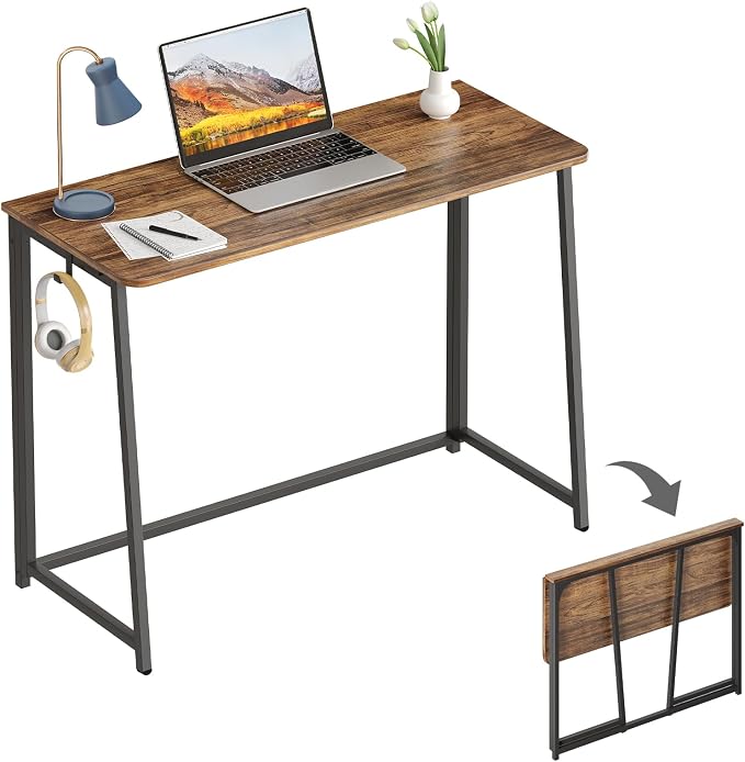 WOHOMO Folding Desk, 39.4" Foldable Computer Table for Small Spaces, Walnut | Easy Assembly and Fold, Sturdy Home office desks for Study Bedroom Dorm Space Saving Writing Work Apartment