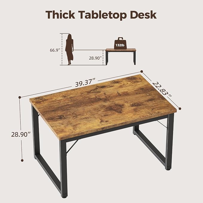 Mericonia 40 Inch Computer Desk, 1" Thick Small Office Table, Brown | Modern Simple Style, Heavy Duty Industrial Frame, Small Study & Writing Table for Home Bedroom Work