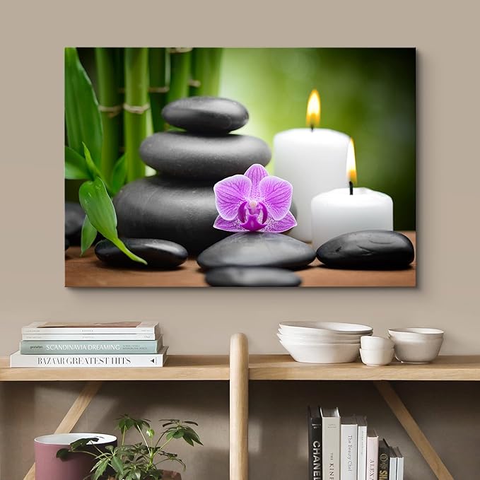 wall26 Canvas Print Wall Art Purple Orchid with Candles, Massage Stones & Bamboo Floral Nature Photography Realism Zen Scenic Relax/Calm Multicolor for Living Room, Bedroom, Bathroom, Office - 16"x24"