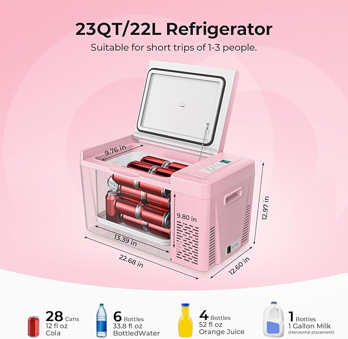 BougeRV Pink 23Quart Portable Refrigerator, 12 Volt Fridge 22L, Portable Freezer Compressor Cooler 12/24V DC 110~240 Volt AC for Truck Van RV Camper -8℉~50℉