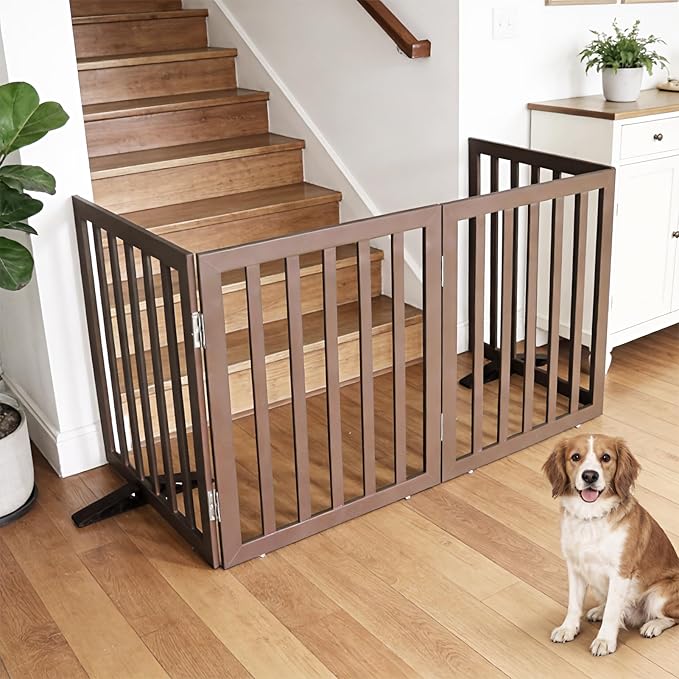 Dog Gate Indoor, Freestanding Dog Fence for The House, Doorways, Hallways,or Stairs,Pet Gate Foldable Wooden,Expandable 24" Height 2 Panels,Brown