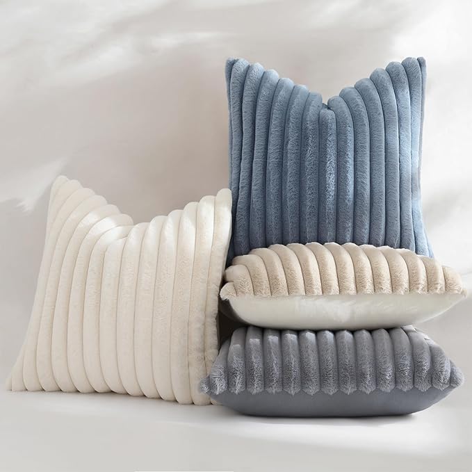 decorUhome Fall Faux Fur Throw Pillow Covers 22x22 Set of 2 Grey | Decorative Soft Cozy Striped Plush Modern Farmhouse Boho Couch Pillow Cases Velvet Back for Sofa Bed Living Room Home Decor