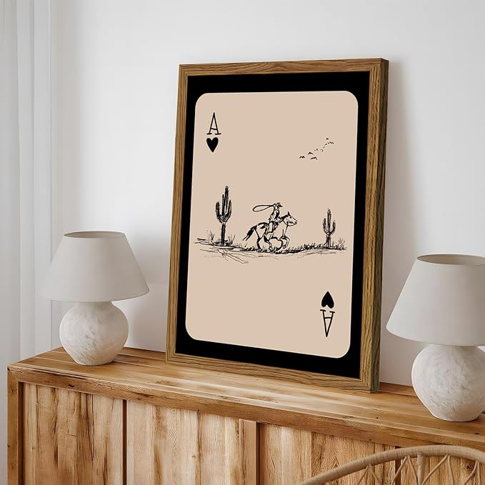 Western Cowboy Wall Art Vintage Southwest Wall Decor Painting, Western Playing Card Canvas Prints, Retro Cactus Sketch Artwork for Bedroom Living Room 12x16 inch Wood Framed