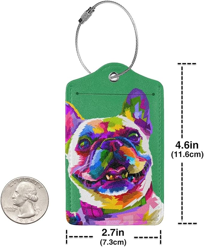 Cute French Bull Dog Luggage Tags for Boys Girls Adults, Set of 2 Stylish Art Colors Animal on Green Background Leather Stainless Steel Loop Label Tag for Travel Bag Suitcase