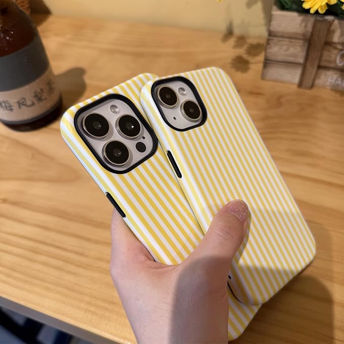 for iPhone 15 Pro Max Case Striped Cute Aesthetics Phone Case Trendy Protective Shockproof Cover for iPhone 15 Pro Max Yellow White