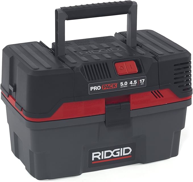 RIDGID 50318 4500RV ProPack 4.5-Gal. Portable Wet Dry Shop Vacuum with Toolbox Design, 5.0 Peak HP Motor, Expandable Pro Hose, and Blower Port, Red