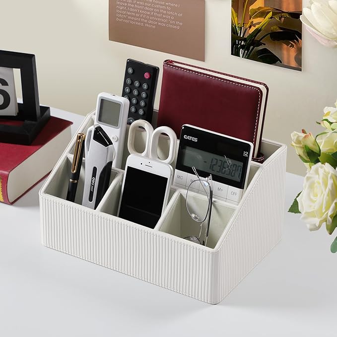 Remote Control Holder with 5 Compartments for Office Art Supplies, PU Leather Nightstand Organizer Pencil Pen Desk Caddy for Home, Desktop TV Remote Control Organizer Storage (Striped Ivory)