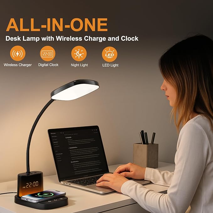 10W Wireless Charging LED Desk Lamp with Clock, Light Black | CRI 95, 800LM, Stepless Dimming, 3 Modes, 360°Flexible Arm, Touch, Study Table Lamp for Home Office, Dorm Room, with Adapter