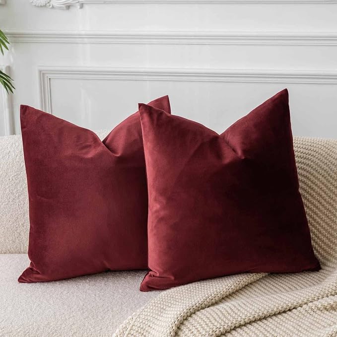 Throw Pillow Covers Set of 2 for Couch Velvet Cushion Cover 14x14,Burgundy | Decorative Pillow Covers with Invisible Zipper for Sofa Bed Living Room Bedroom Home Decor Modern Christmas