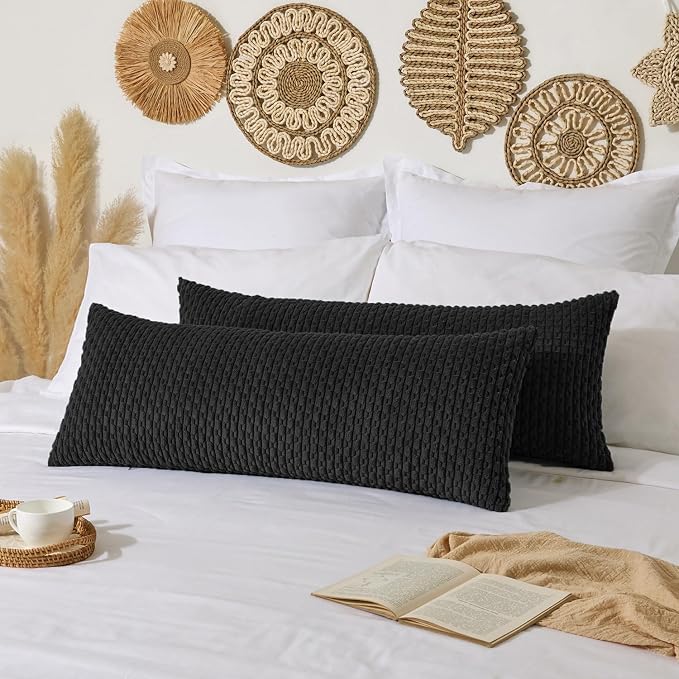 Kevin Textile Soft Corduroy 14"x36" Lumbar Pillow Cover 1 Pack, Black | Boho Stripe Plush Corduroy Decorative Oblong Cushion Cover Modern Farmhouse Home Decor for Sofa Couch Bed Chair