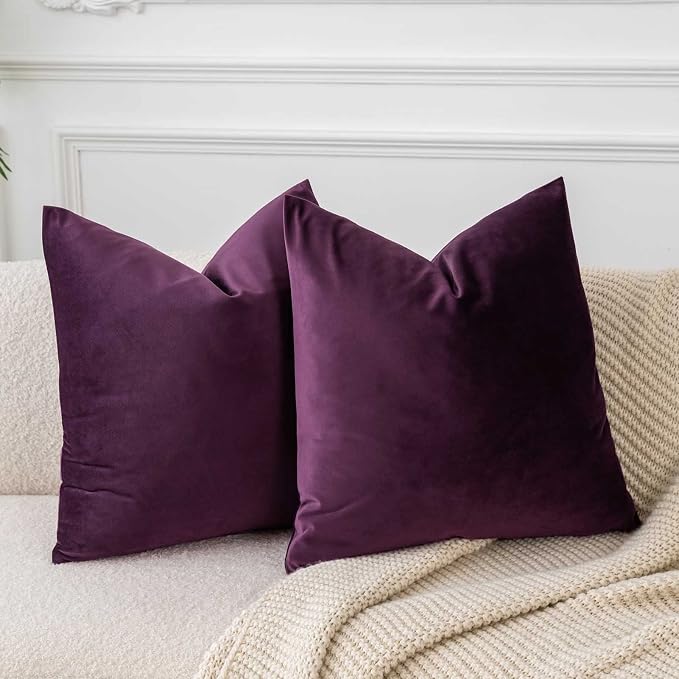 22x22 Velvet Throw Pillow Covers Set of 2 for Couch Bed,Eggplant Purple | JUSPURBET Decorative Pillow Covers with Invisible Zipper for Modern Sofa Living Room Bedroom Home Decor