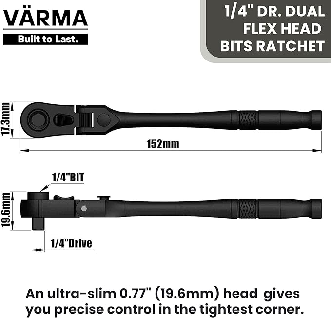 1/4" Drive Dual Flex Head Ratchet & Bit Driver – 6-inch long, 72-Tooth, 5° Swing Arc, High Torque, Chrome Vanadium Steel