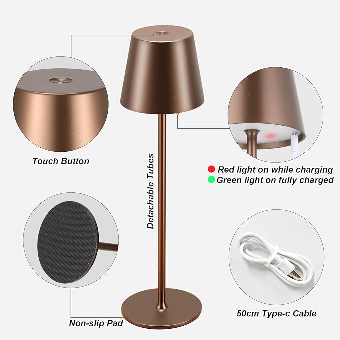Cordless Table Lamp Rechargeable Brown - KK 2 Pack 5000mAH Battery Operated Lamp for Counter, 3 Color Stepless Dimming Wireless Lamp for Dining Table, Kitchen Counter, Outdoor Patio, Touch Control