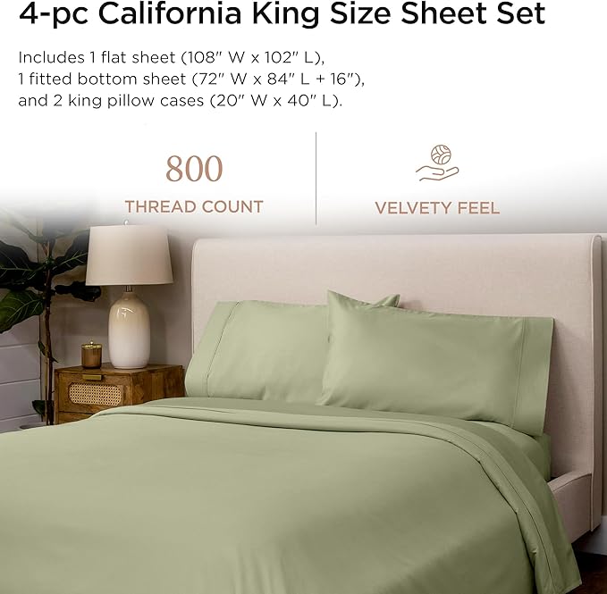 Threadmill Luxury 800 Thread Count California King 100% Cotton Sheets - Sage Green Sateen Weave Bed-Sheets, Better Than Egyptian Cotton, 4 Pc Solid Bed Set, Fits 16" Deep Pocket