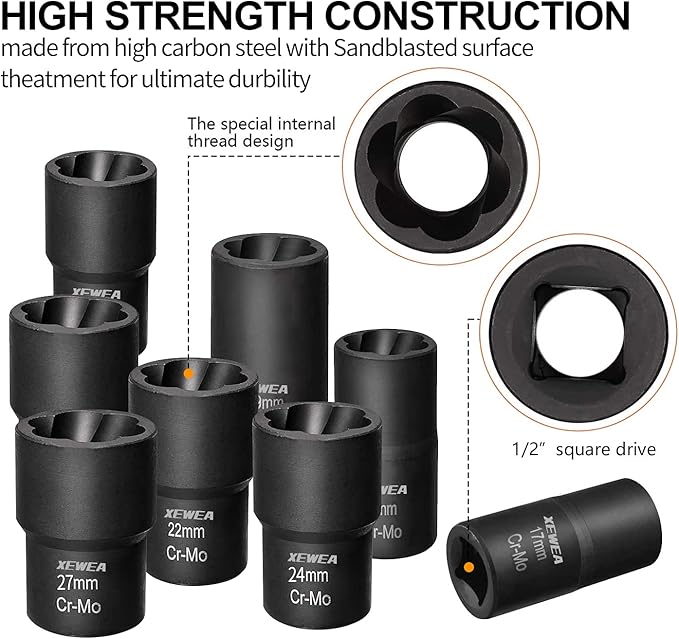XEWEA 9PCS Lug Nut Extractor Set, 1/2" Drive Impact Bolt Remover Socket Tool, Wheel Lock Removal Kit, Easy Out Extractor Set for Damaged, Frozen, Rusted, Rounded-Off Bolts, Father's Day Gift