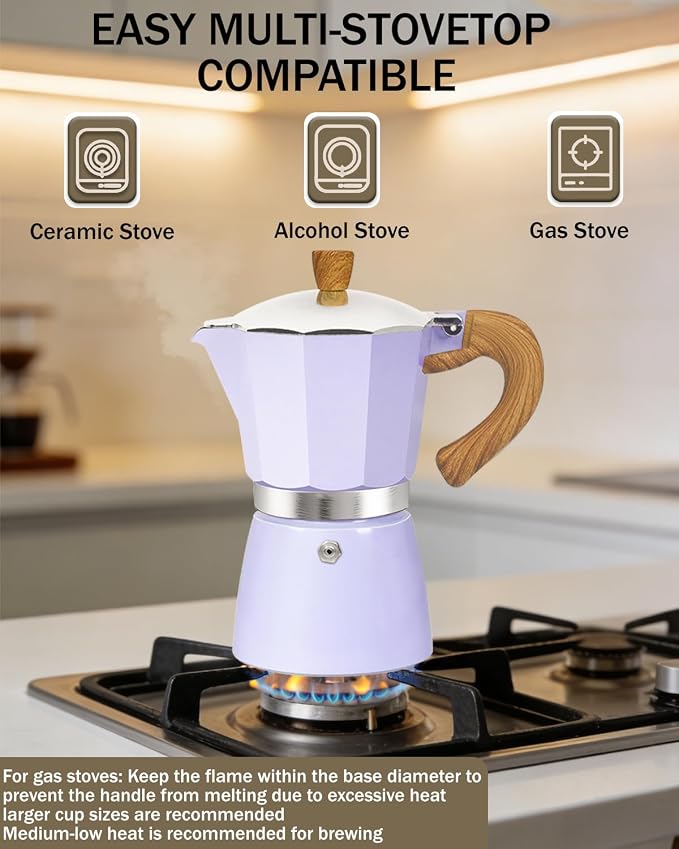 Coffee Maker Stovetop Espresso Maker 6 Cup Aluminum Moka Pot Percolator 10oz 300ml Easy Brewing for Electric Ceramic Stoves Home Camping Italian Cuban Café Classic Purple