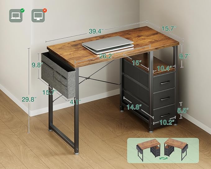 AODK 40 Inch Small Computer Desk with Fabric Drawers, Vintage | Mini Desk with Storage Shelf & Bag, Kids Study Desk for Bedroom, Home Office Desk for Small Space