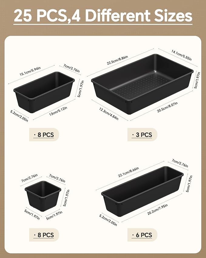 KEMETHY 25 PCS Plastic Drawer Organizers Set, 4 Sizes Vanity Organizer | Makeup and Desk Drawer Organizer Trays, Organization and Storage for Makeup, Bathroom, Kitchen Utensils and Office (Black)