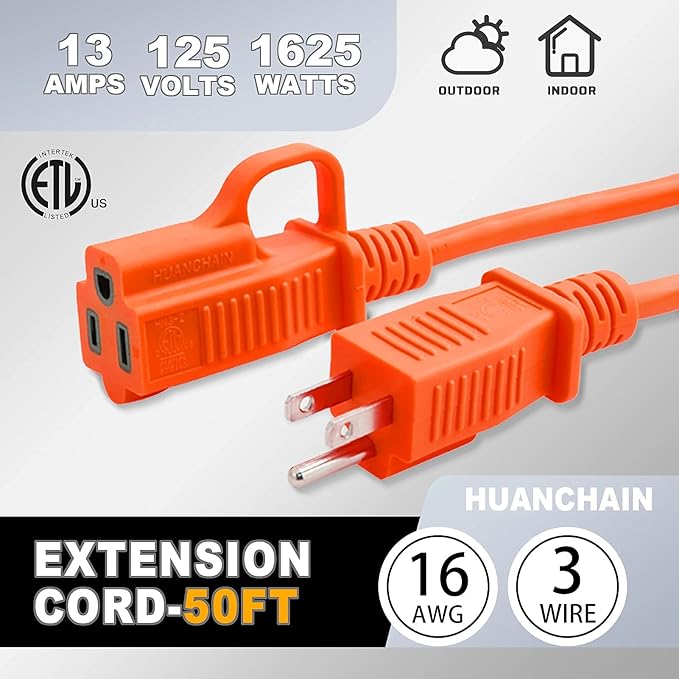 HUANCHAIN Indoor Outdoor Extension Cord 50 ft Waterproof, 16/3 Gauge Flexible Resistant Appliance Extension Cord Outside, 13A 1625W 16AWG SJTW, 3 Prong Electric Cable Orange, ETL