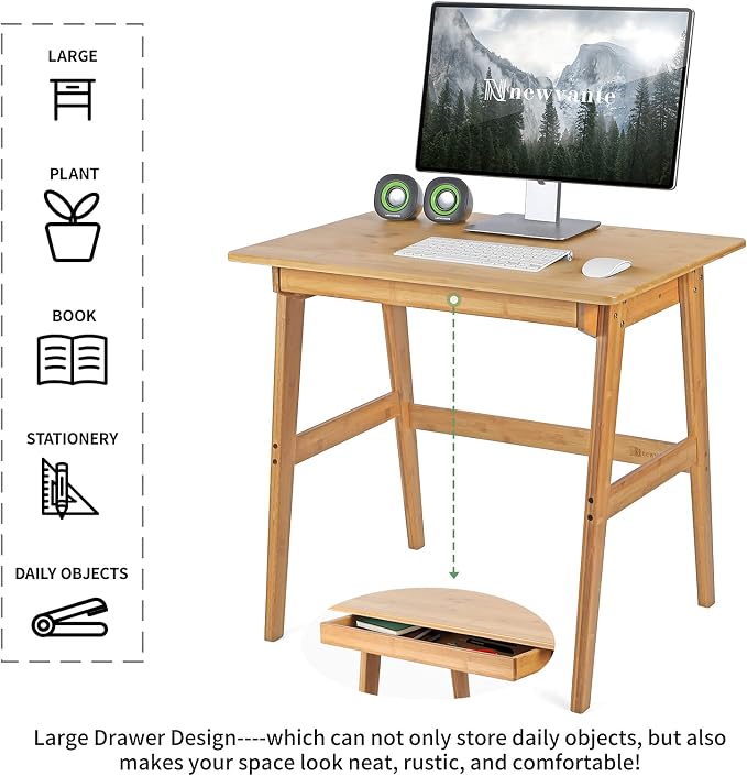 Nnewvante 31.5" Bamboo Writing Desk, Home Office Computer Desk with Drawer | Compact Modern Simple Style, Study Table with Storage for Small Spaces
