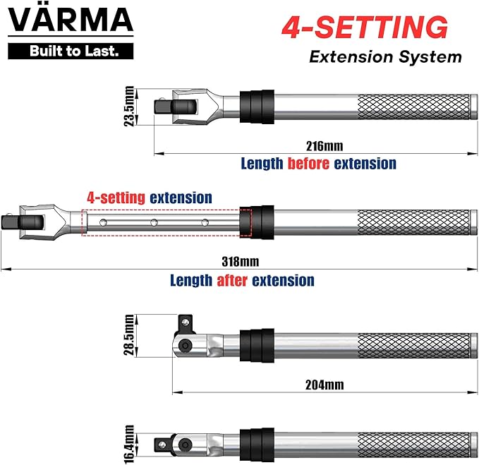 3/8" Drive Breaker Bar – 8.5–12.5" 4-Stage Extendable Handle, 180° Flex Head, Chrome Vanadium, High Torque