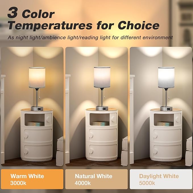 Dicoool Small Bedside Table lamp for Bedroom - 3 Color Temperatures Bedside Lamps with USB Ports for Housewarming, Pull Chain Table Lamps with AC Outlet, Nightstand Lamps for Kids Reading