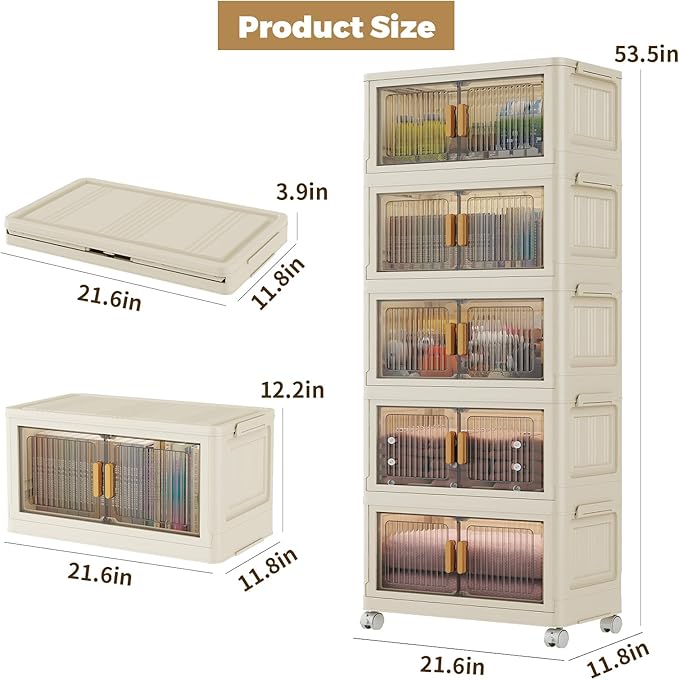 5 Tier Stackable Plastic Storage Bins with Lids 48QT, Collapsible Closet Organizers and Storage with Wheels for Living Room,Office,Dorm
