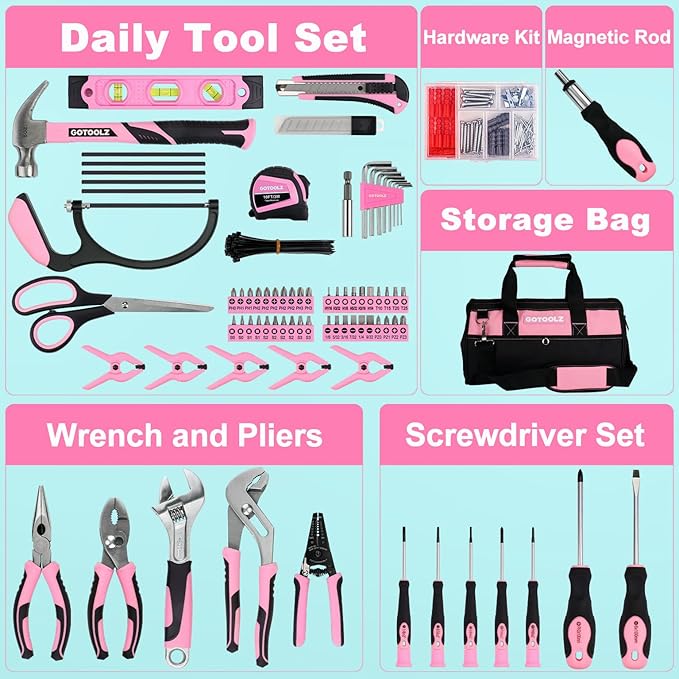 269-Piece Home Tool Set, General Household Repairing Tool Kit with Storage Bag, Basic Hand Tool Kit Set for Home Maintenance, DIY and Crafts(Pink)