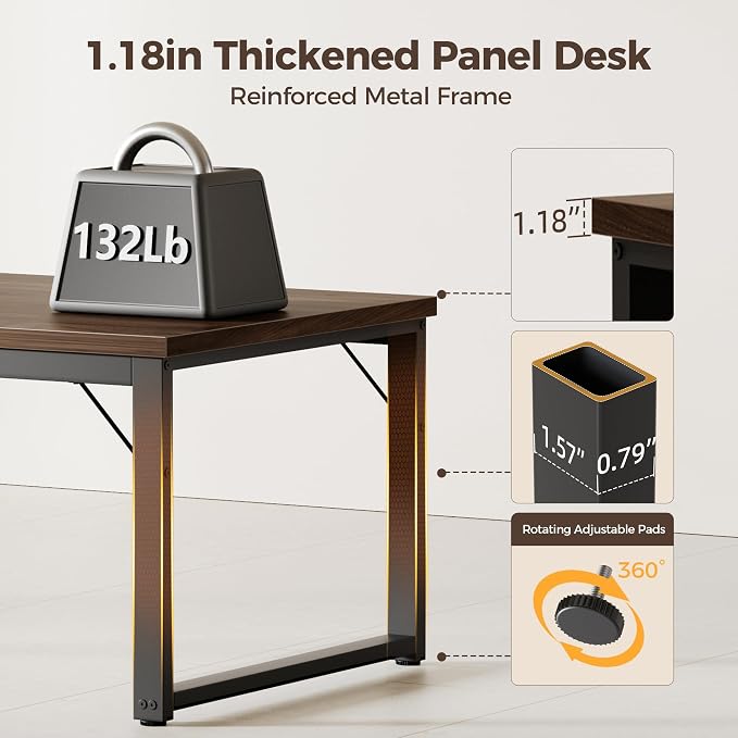 Mericonia 54 Inch Computer Desk with Power Outlets, 1.2" Thick Office Table | Modern Simple Style, Heavy Duty Industrial Frame, Study & Writing Table for Home Bedroom Work, Walnut