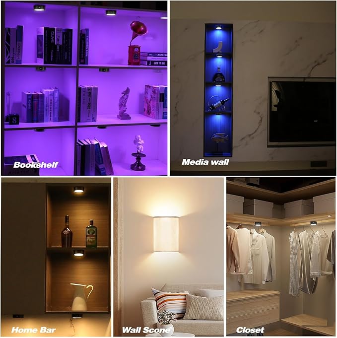 Puck Lights with Remote Timer, Under Cabinet Kitchen Lights Battery Operated LED Lights, Stick on Shelf Lights Wireless Counter Lights, RGB Color Changing Display Lights, 2 Pack Black