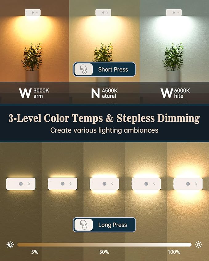 Yiliaw Motion Sensor Night Lights Indoor - Rechargeable Stick-On Stair Lights with Wireless Magnetic Mount, Adjustable Brightness & 3 Color Temps for Hallway, Stairway, Bathroom, Closet (6-Pack)