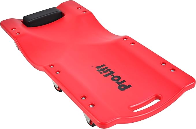 Pro Lift Mechanic Plastic Creeper 36 Inch - Blow Molded Ergonomic HDPE Body with Padded Headrest - 300 Lbs Capacity Red