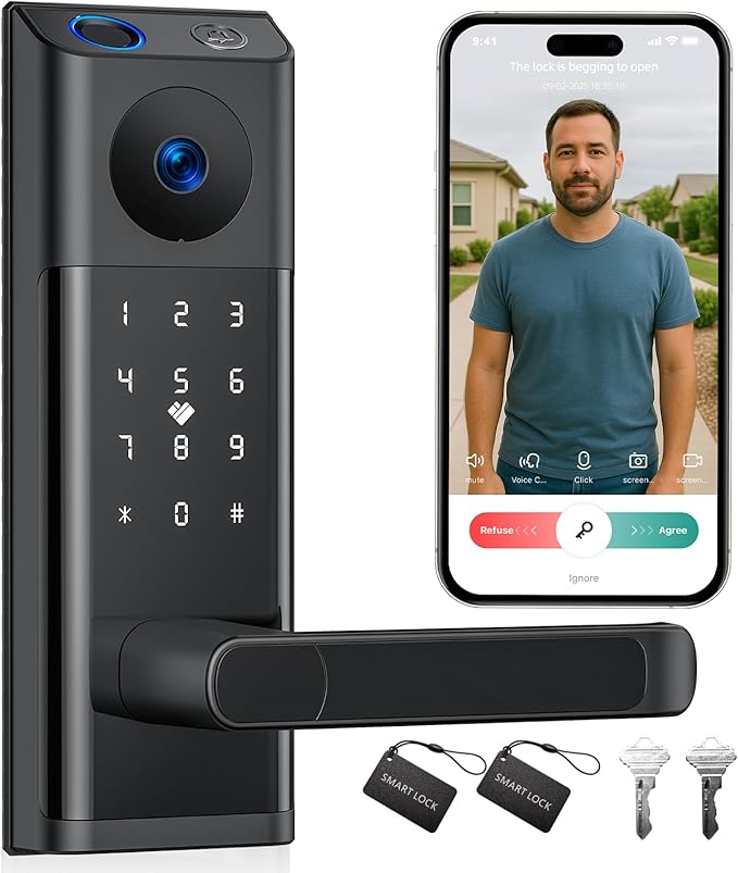 CAMCAMP WiFi Video Smart Lock with Camera & Doorbell, Keyless Entry Door Lock with Handle for Front Door, Five Ways to Unlock Fingerprint, App, Key, Fob, Keypad, Auto Lock, Easy to Install
