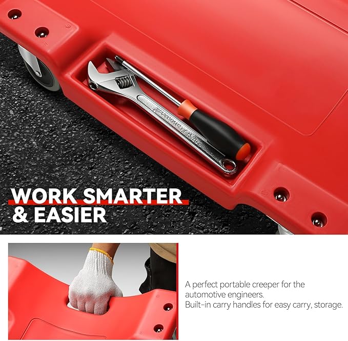 Auto Dynasty 40 Inches Mechanic Creeper, Automotive Garage Repair Low Profile Under Car Rolling Creeper with Padded Headrest, Plastic, Red