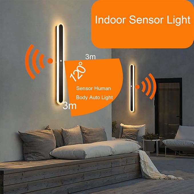 Modern LED Wall Sconce with Motion Sensor Interior Acrylic Black Wall Lamp Indoor Minimalist Long Wall Light Inside Lighting Fixtures for Living Room Bathroom Front Door Bedroom (30CM,Natural Light)
