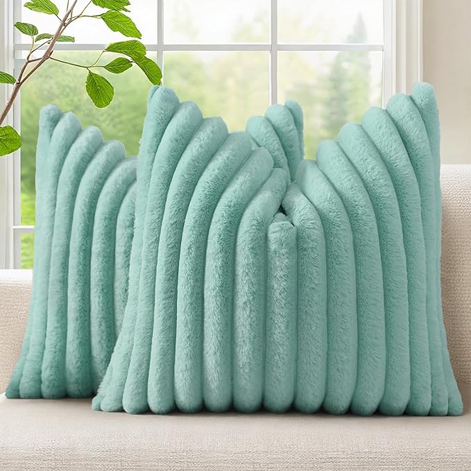decorUhome Fall Faux Fur Throw Pillow Covers 16x16 Set of 2 Aqua | Decorative Soft Cozy Striped Plush Modern Farmhouse Boho Couch Pillow Cases Velvet Back for Sofa Bed Living Room Home Decor