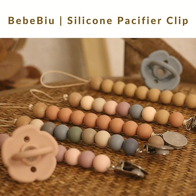 2 Pack Pacifier Clips, Silicone Pacifier Clip for Baby Boys and Girls, Baby Pacifier Strap with Silicone Beads, Soother Dummy Holder, Pacifier Holder, Keeps Pacifier Clean (Wilderness/Ether)