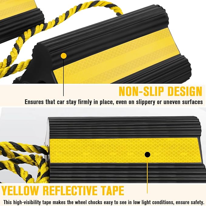 CMOOD Wheel Chocks for RV Travel Trailer Camper Truck Aircraft Car, Rubber Dual Wheel Block, Non-Slip Tire Chocks with Rope, Heavy Duty Wheel Chocks with Nylon Rope Yellow Reflective Tape(4 Pack)