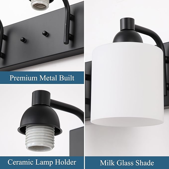 Milk Glass Vanity Lights for Bathroom, 2 Light Matte Black Bathroom Light Fixtures Over Mirror, Ceramic E26 Sockets Wall Mounted