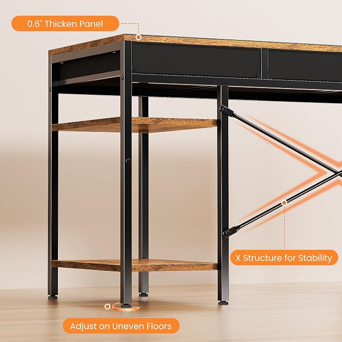 Sweetcrispy 55" Computer Desk with 6 Fabric Drawers & Storage Shelves | Reversible Gaming Desk, Office Desk, Computer Workstation, Corner Desk with Storag, Home Office, Living Room, Rustic Brown